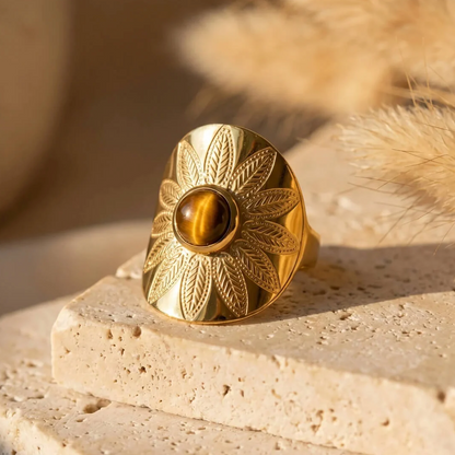 Bague Ajustable "Mandala Solaire" en Œil de Tigre
