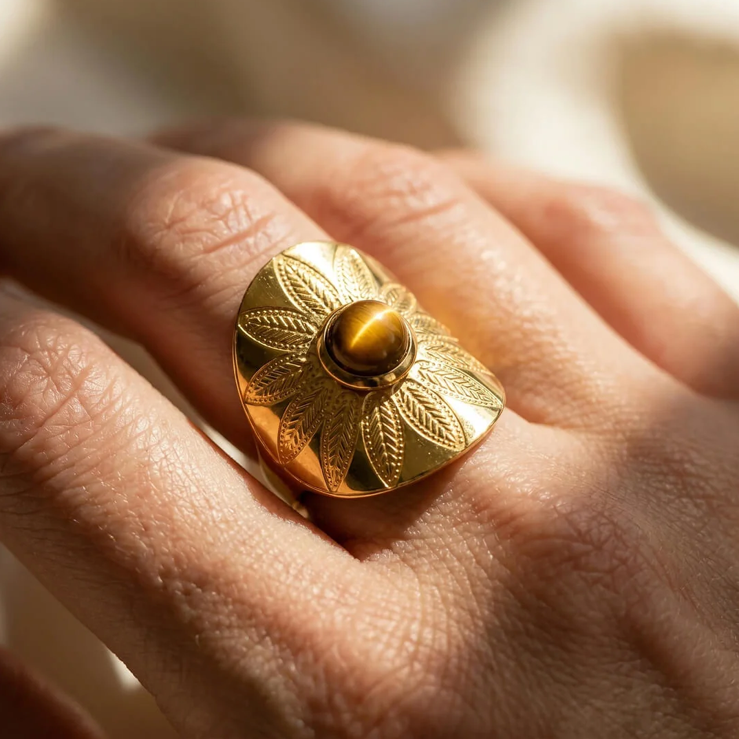 Bague Ajustable "Mandala Solaire" en Œil de Tigre