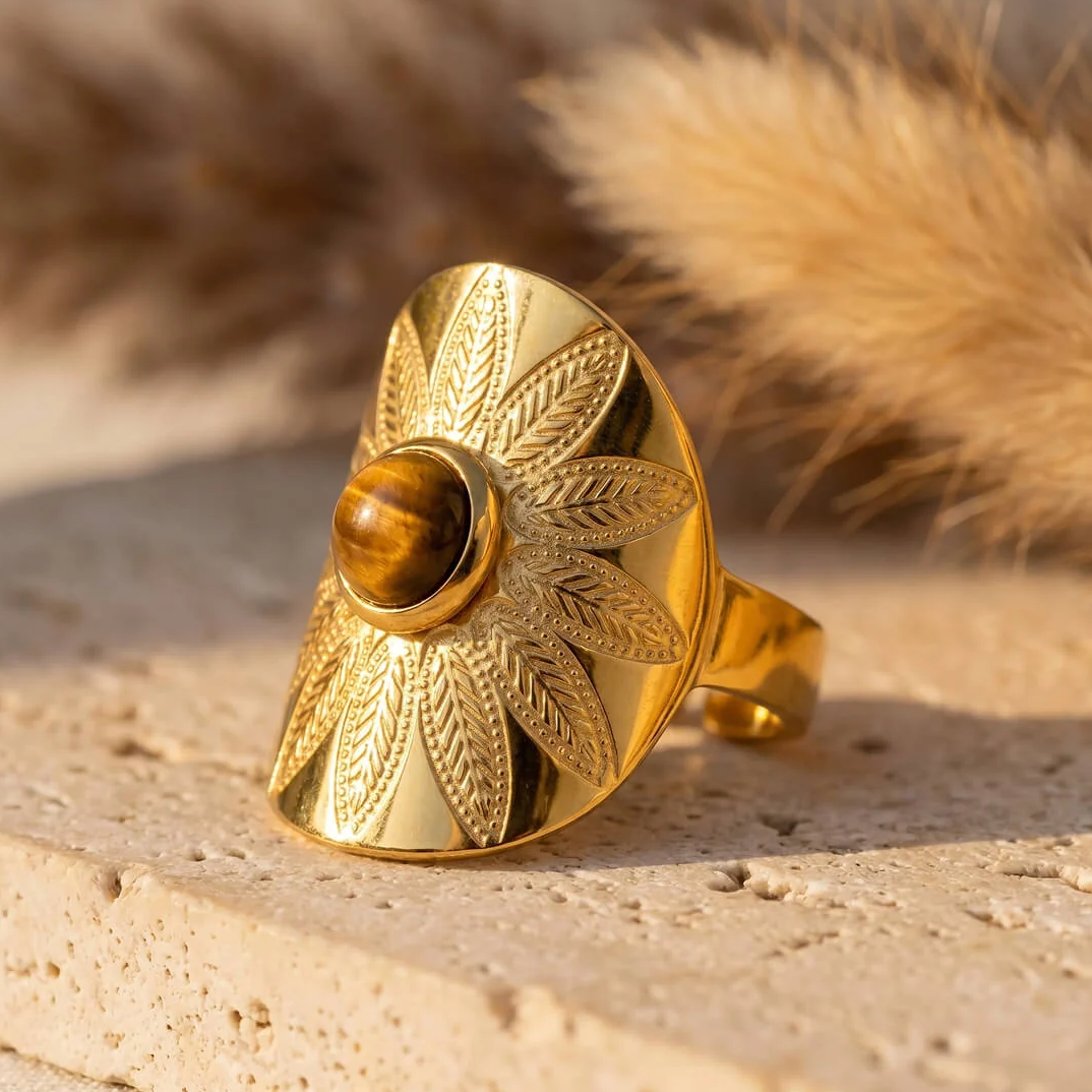 Bague Ajustable "Mandala Solaire" en Œil de Tigre