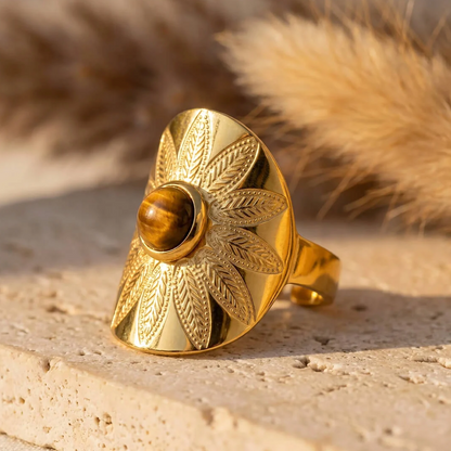 Bague Ajustable "Mandala Solaire" en Œil de Tigre